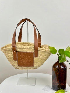 Loewe Small Raffia Woven Basket Bag - Tan