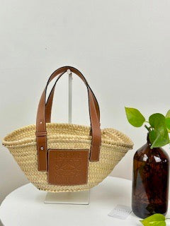 Loewe Small Raffia Woven Basket Bag - Tan